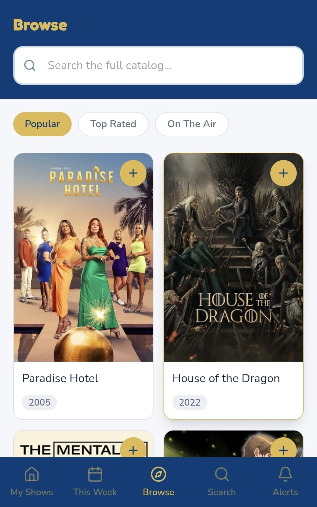 Show-Alert Browse screen with search and Popular, Top Rated and On The Air tabs