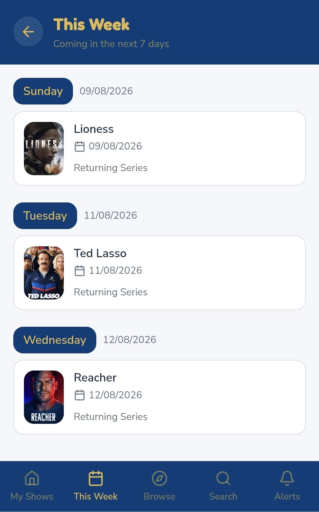 Show-Alert This Week screen showing episodes airing in the next 7 days