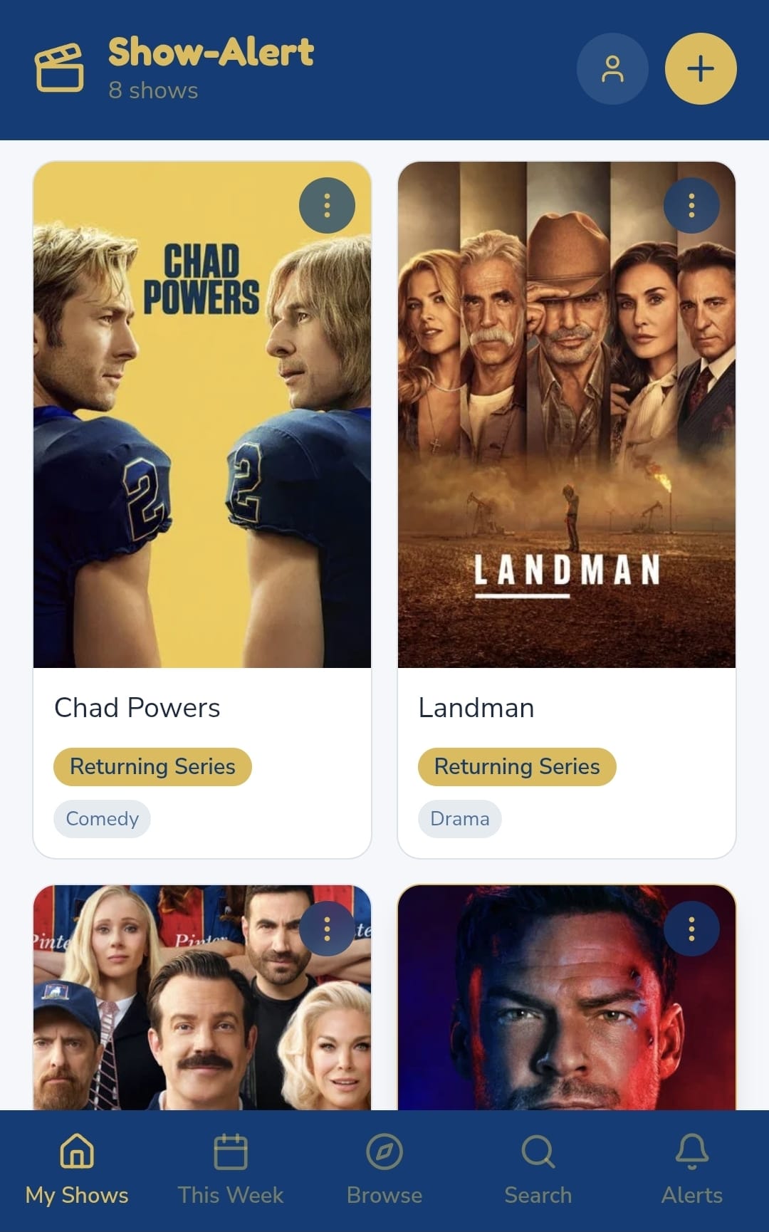 Show-Alert My Shows screen listing tracked TV series