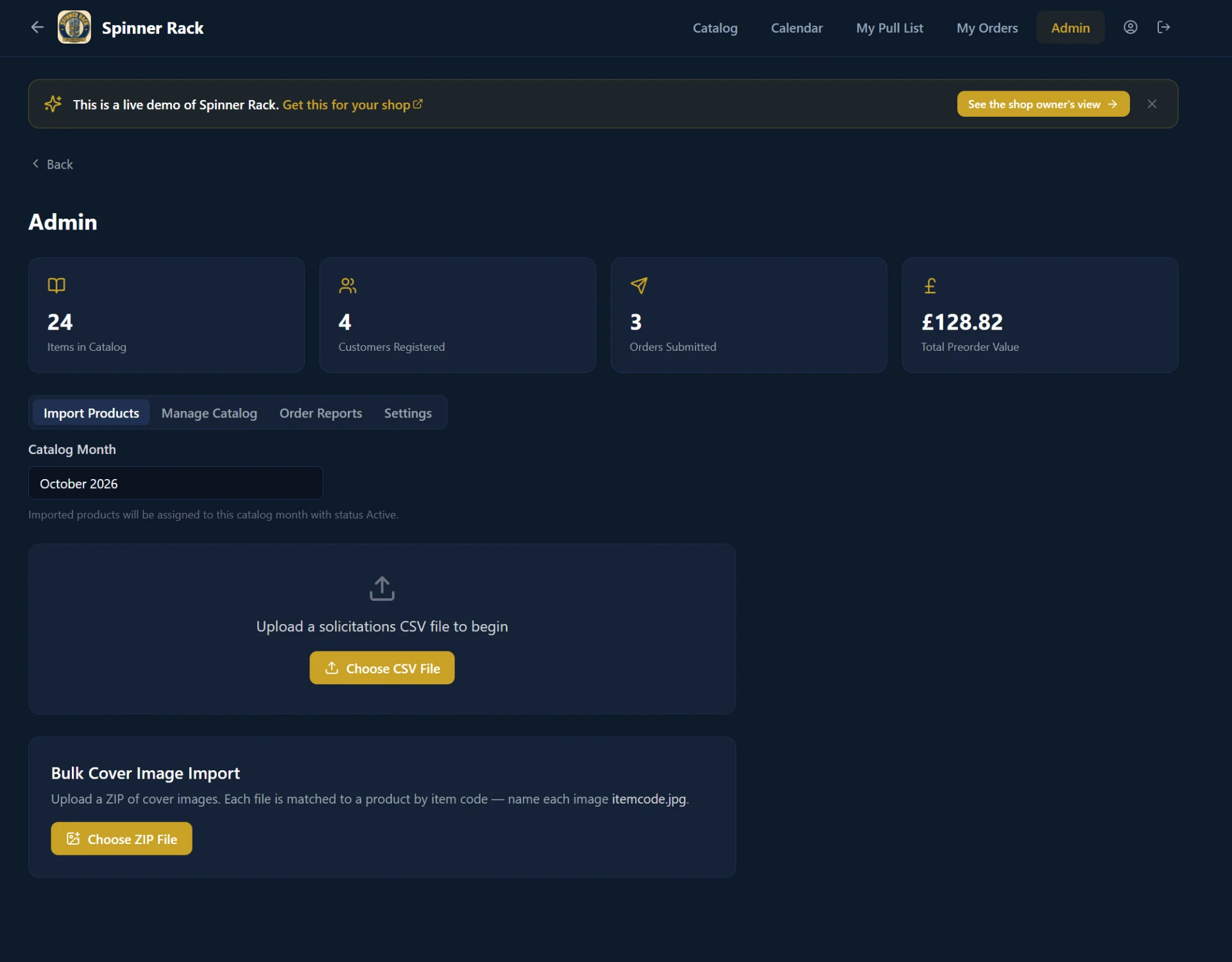 Spinner Rack admin dashboard with catalogue stats and CSV product import
